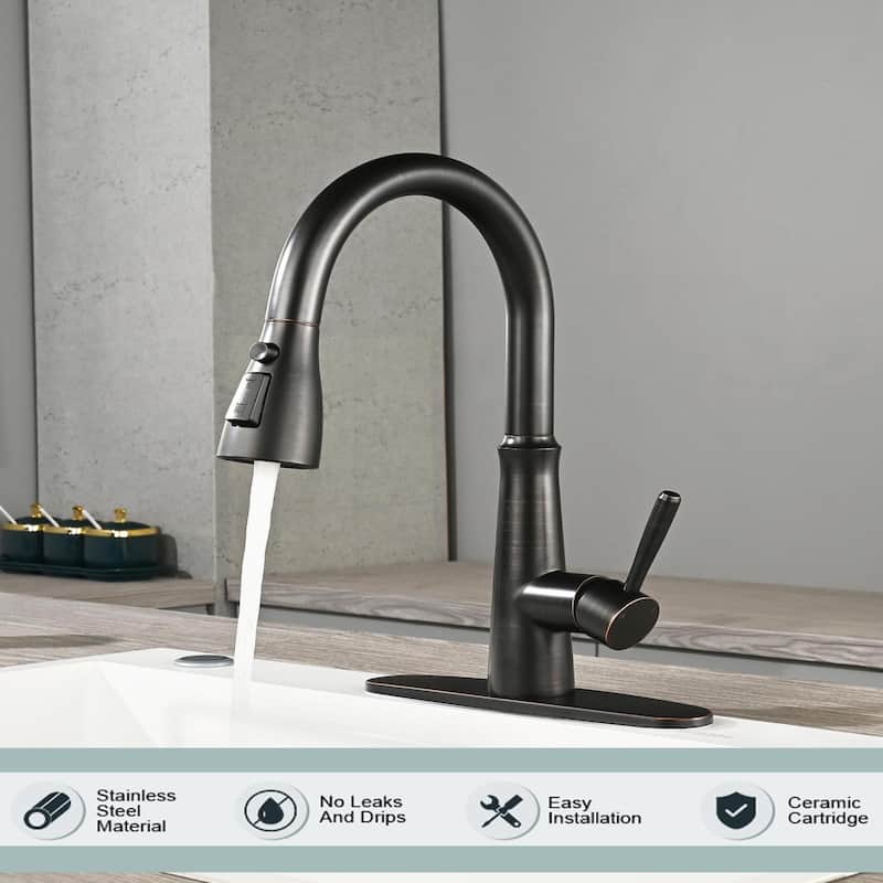 WOWOW Single Handle 3-Mode Pull Out Sprayer Kitchen Faucet