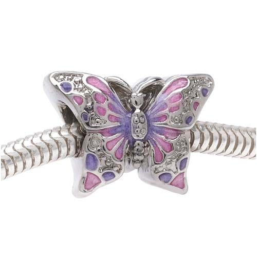 Silver Tone Two Sided Pink and Purple Butterfly - European Style Large Hole Bead (1)