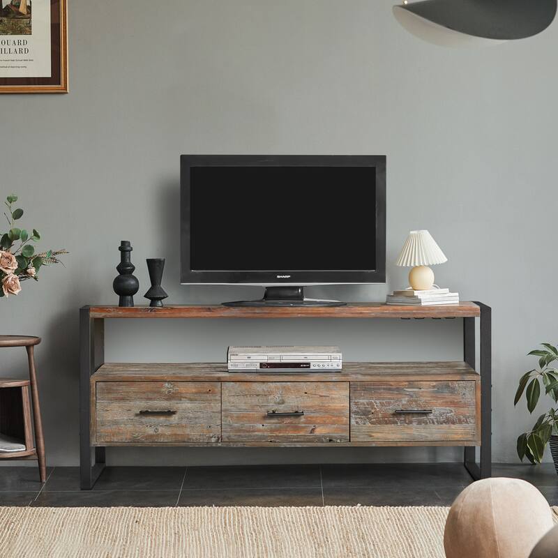 Modern Antique-Finish TV Stand Made from Recycled Wood TV Stand with 3 Drawers and Open Shelving, for Living Rooms - Grey