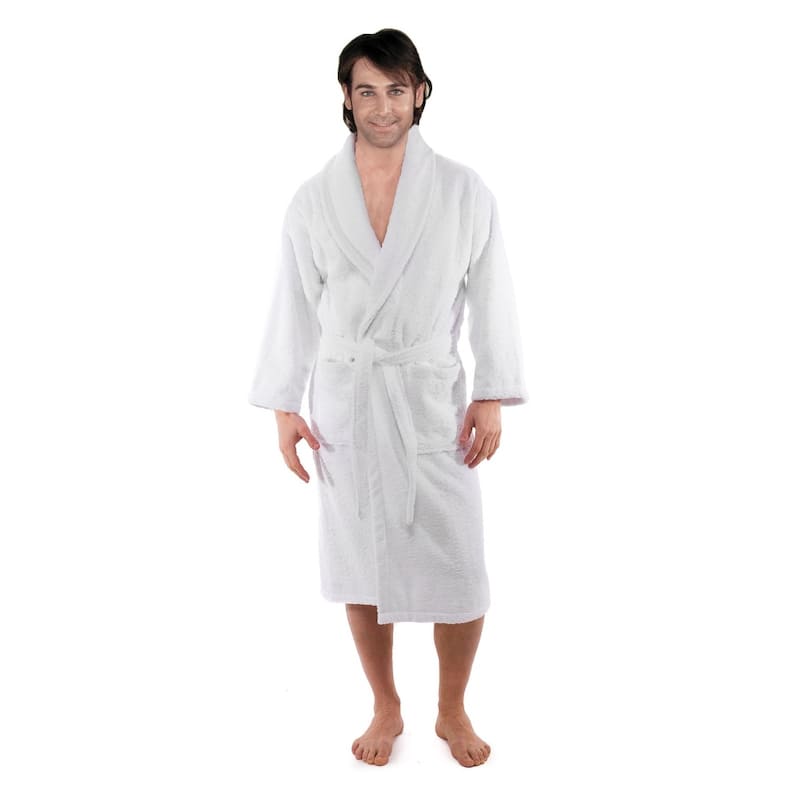 Classic White Turkish Cotton Belted Kimono Terry Cloth Bathrobe with 2 Pockets