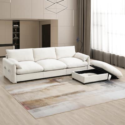 Modern Sectional Sofa with Extra Wide Seats and Charging Console and Storage Ottoman for Living Room and Guest Room