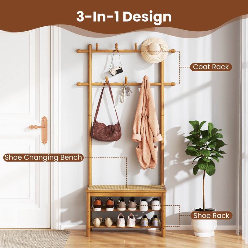 Costway Bamboo Coat Rack with Bench Shoe Storage 2 Hanging Rods 11 - See Details