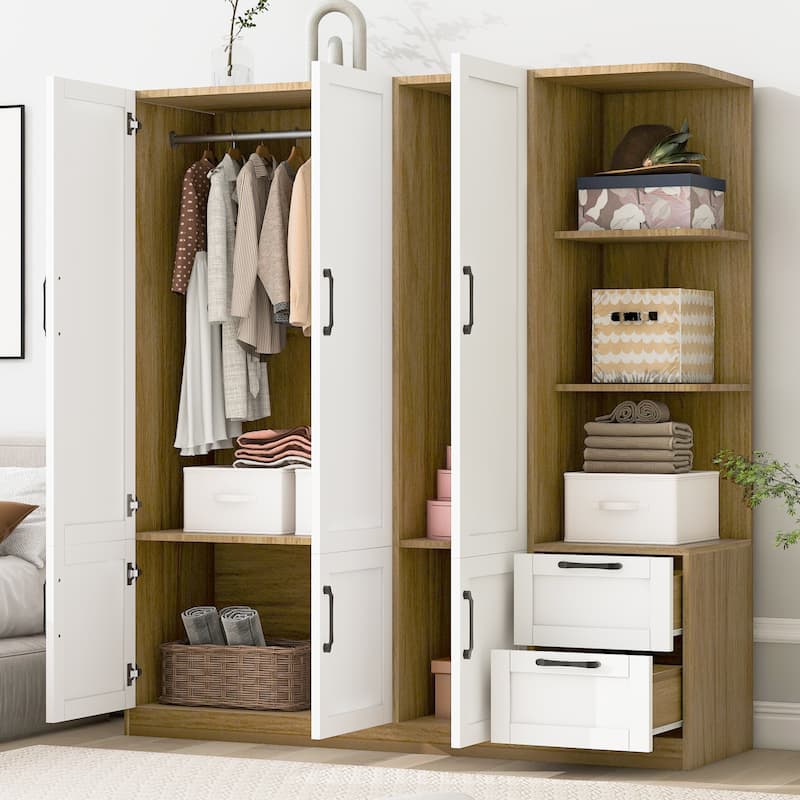 3 Doors Armoire Wardrobe Closet with 3 Side Shelves 2 Drawers, Wooden Bedroom Armoires with Hanging Rod for Bedroom