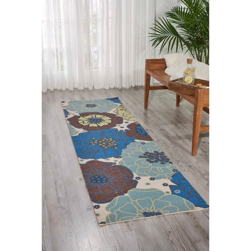 Nourison & Garden Floral Indoor / Outdoor Area Rug - 2'3" x 8' Runner - Light Blue