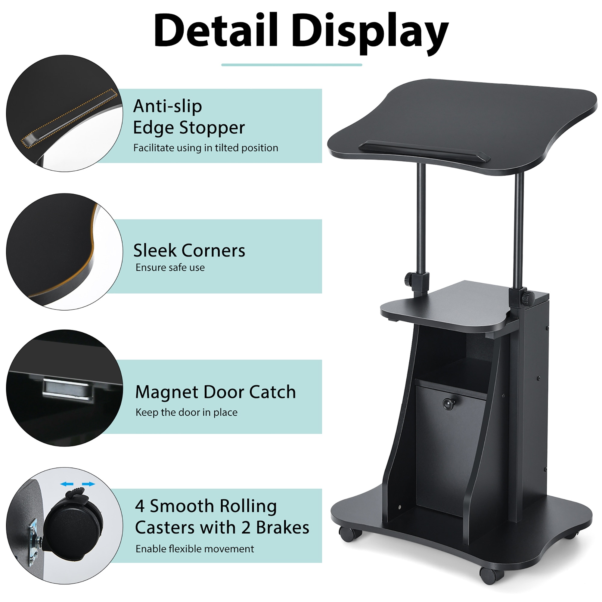 Meilocar Mobile Laptop Podium with Tilting Desktop, Rolling Laptop Computer Cart Height Adjustable Lecture Podium Stand W/Storage and Wheels for Teacher, School, Classroom, Office, Church(Black) in Meilocar Mobile Laptop Podium with Tilting Desktop, Rolling Laptop Computer Cart Height Adjustable Lecture Podium Stand W/Storage and Wheels for Teacher, School, Classroom, Office, Church(Black) in