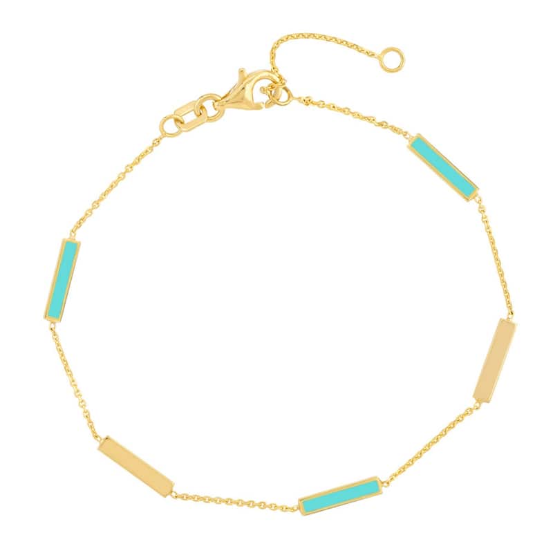 Marquee Jewels 14K Solid Yellow Gold Turquoise Enamel Alternating Bar Station Bracelet