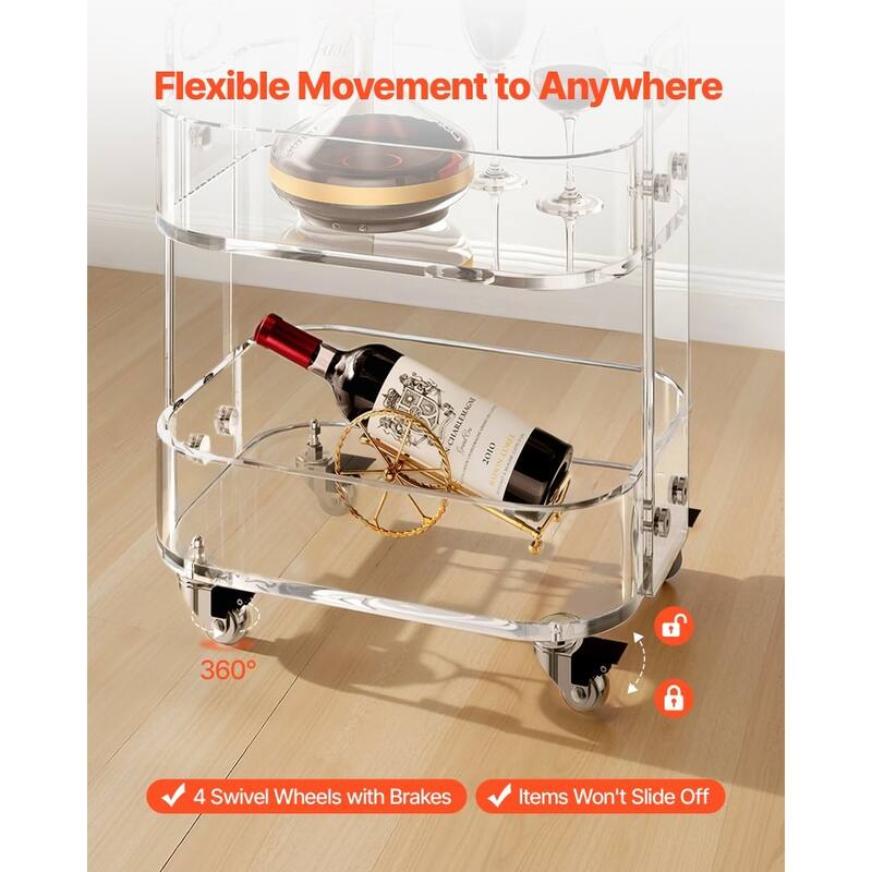 Clear Acrylic 2-Tier Side Table with Lockable Wheels and Transparent Storage - 12 x 16.3 x 18.9 in