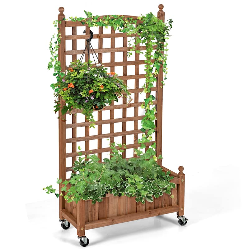 Costway 50in Wood Planter Box w/Trellis Mobile Raised Bed for - See details - Natural - See details