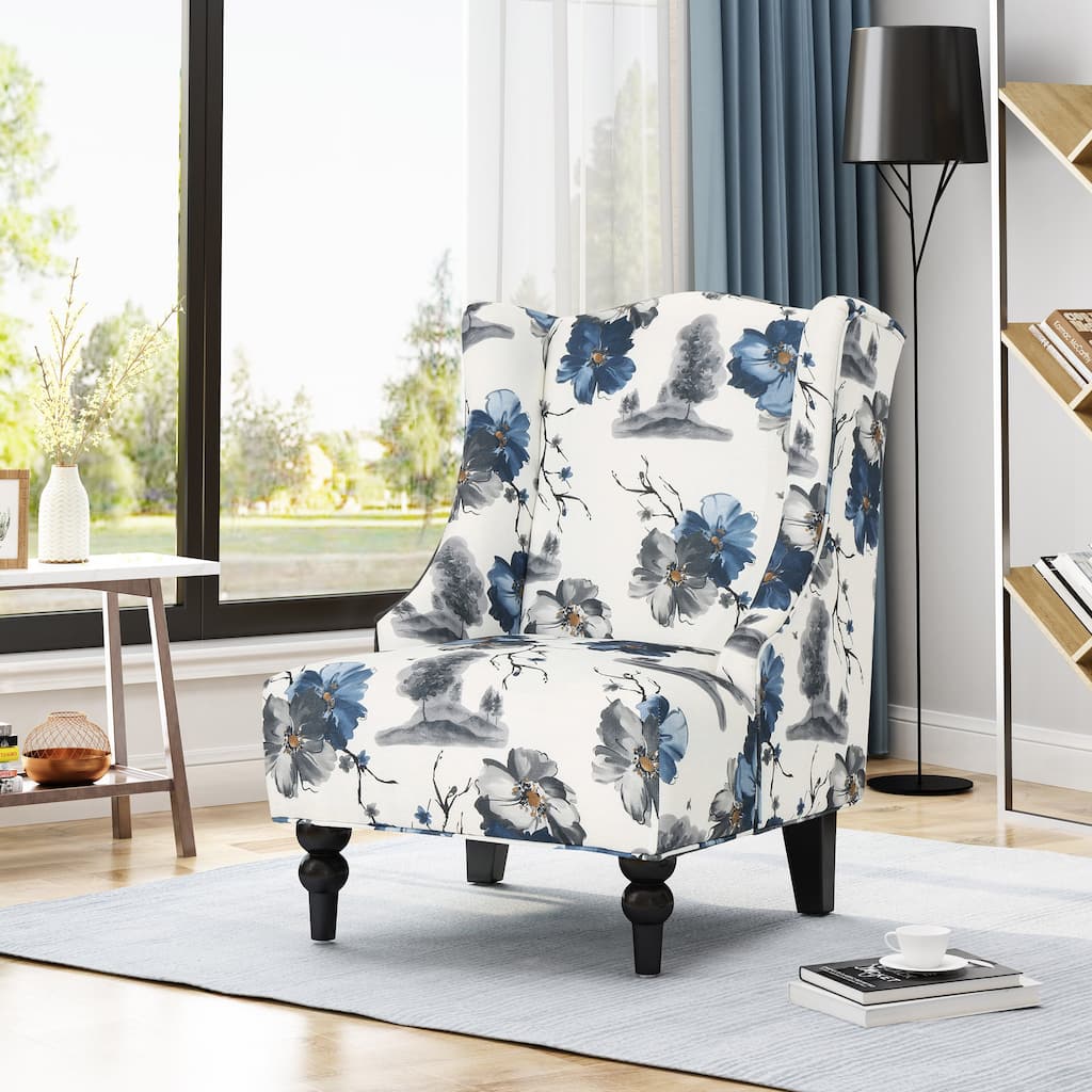 Roomfitters Toddman Contemporary Wingback High-Back Club Chair with Turned Birch Wood Legs, Beige and Blue