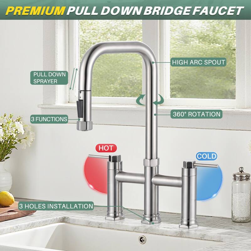 WOWOW Double Handle Pull Down Kitchen Faucet