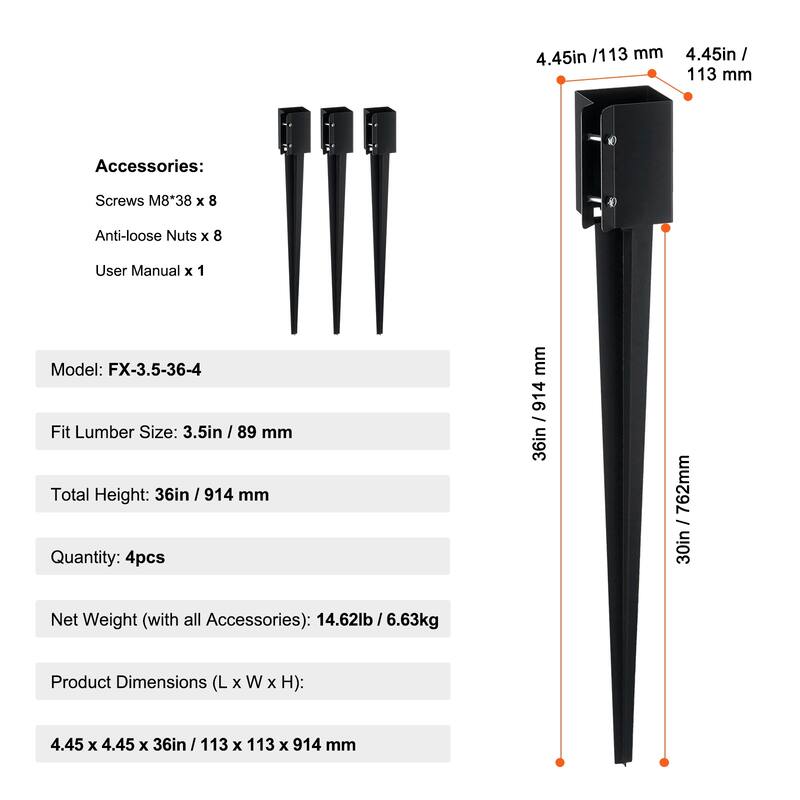 Fence Post Anchor Ground Spike, Outer Diameter (Inner Diameter 3.5 x3.5 Inches), Metal Black Powder Coated Post Stake Ground