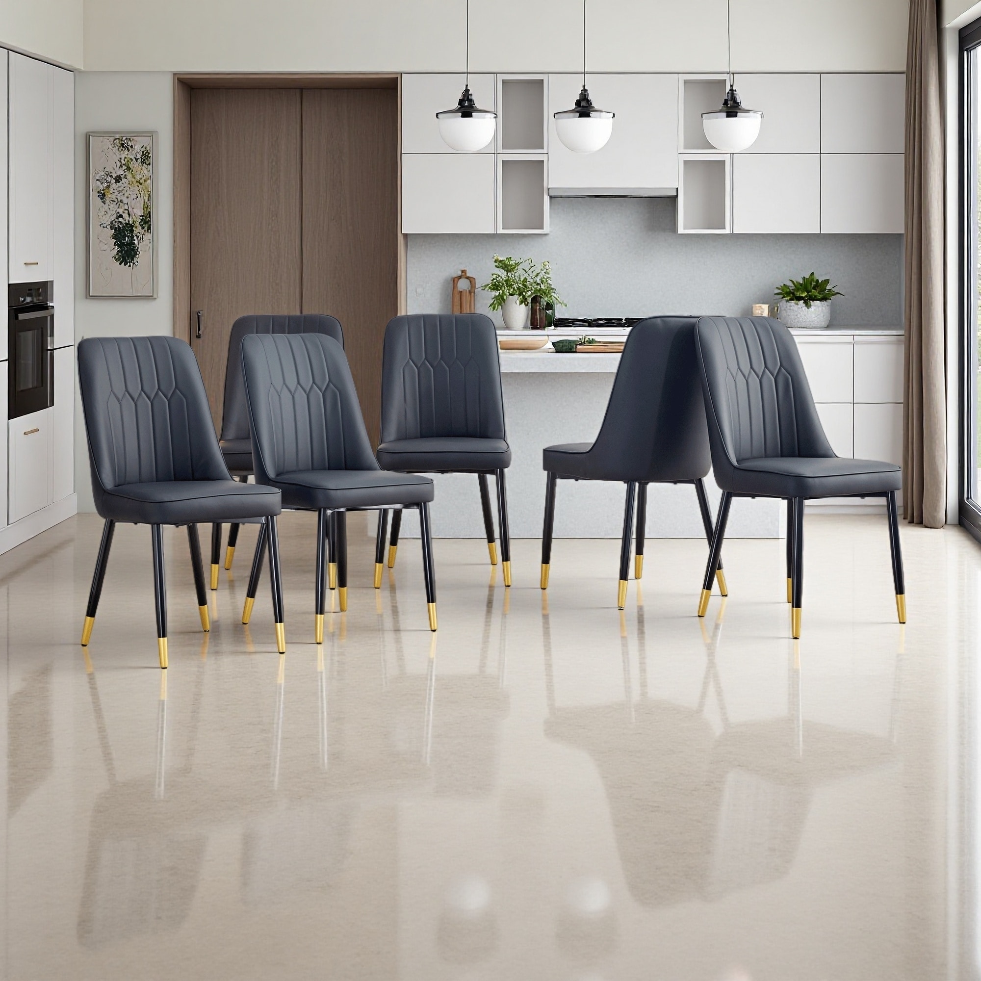 35"H Set of 6 Suede-Like Velvet Dining Chairs with Vertical Stripe Backrest & Metal Legs -Gold-Tipped Design, Integrated Cushion