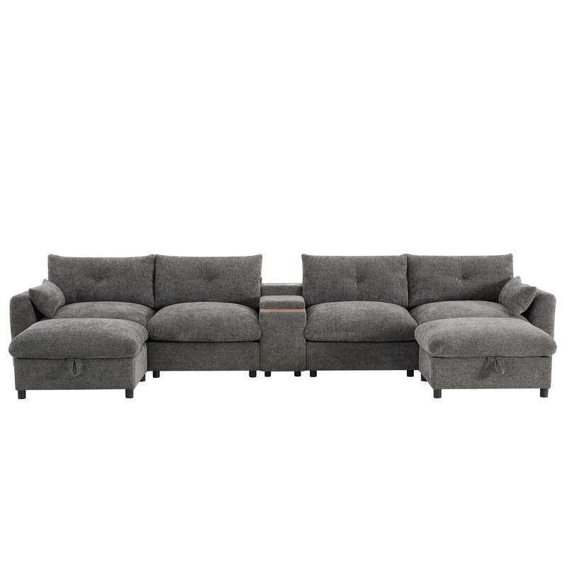 Oversized U Shaped Modular Sectional Sofa with 2 Storage Ottomans, Chenille 6 Seat Sofa with Console, Cup Holder & USB Charger