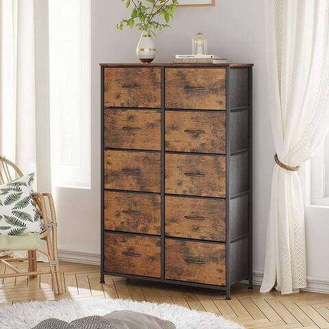 Tall Fabric Dresser for Bedroom with 10 Drawers, Chest of Drawers, Storage Organizer Unit, Steel Frame, Rustic Brown Wood Grain