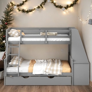 Modern Twin Over Full Bunk Bed With Trundle And Built-in Desk,Three Storage Drawers And Shelf for Bedroom