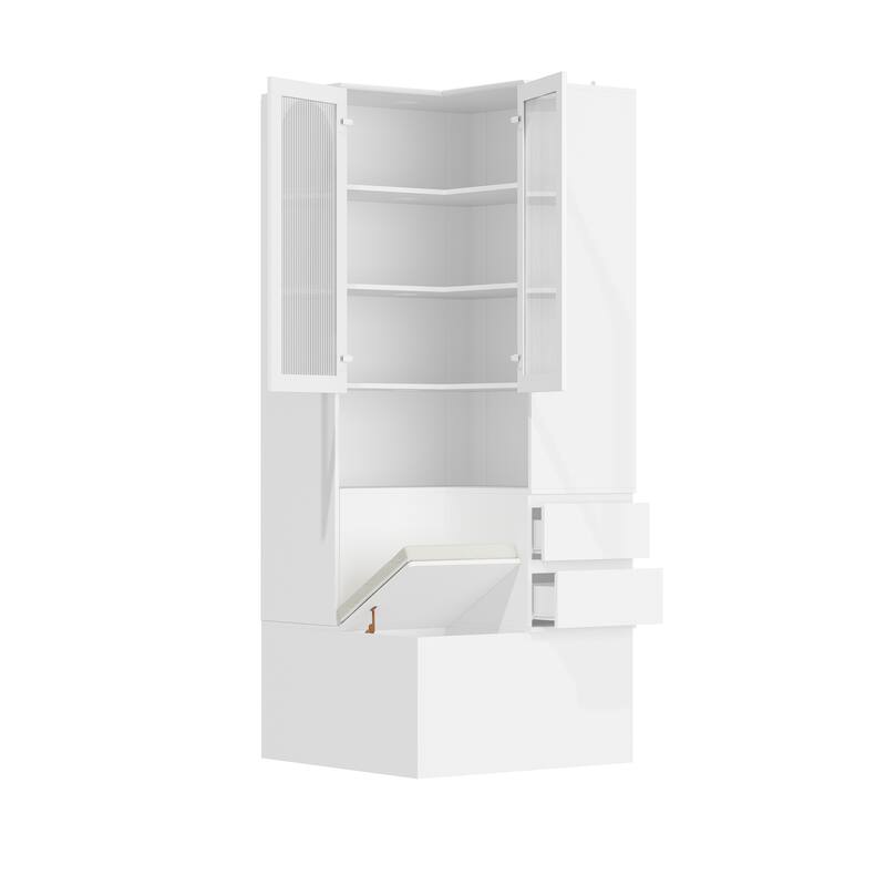 Entryway Cabinet Tempered Glass DoorsStorage Bench with Cushion, Modern Mudroom Hall Tree Organizer with Hidden Storage