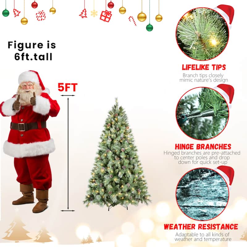6FT Christmas Tree with 300 Warm White LED Lights-988 PVC & Hard Needle Tips, 66 Pine Cones,Hinged Branch Design