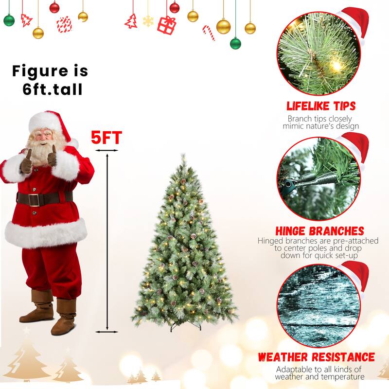 7FT Christmas Tree with 400 Warm White LED Lights-1348 PVC & Hard Needle Tips, 82 Pine Cones, Hinged Branch Design