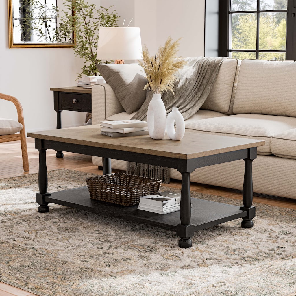 Furniture of America Lucan Modern Farmhouse Weathered Black and Brown Wood Coffee Table with Open Shelf
