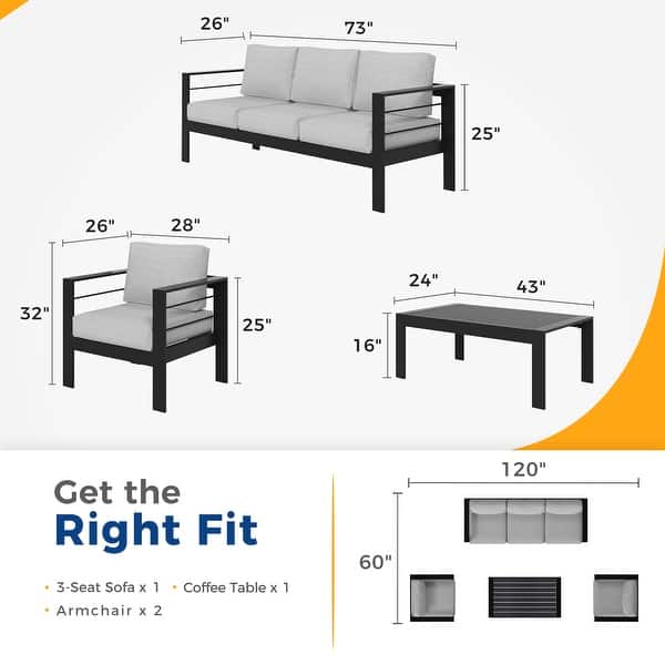 dimension image slide 3 of 6, Royalcraft 4-Piece All-Aluminum Patio Set with 5" Cushions & 3.2" Widened Armrest, Seats 5, 250 lbs - 4-Piece Sets