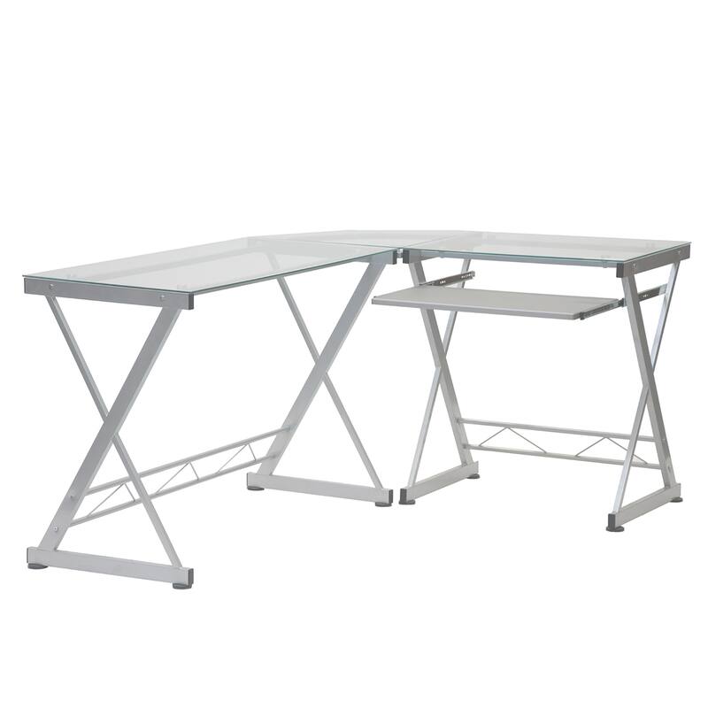 Sleek L-Shaped Glass Corner Desk with Scratch-Resistant Steel Frame, Keyboard Tray, and Customizable Layout