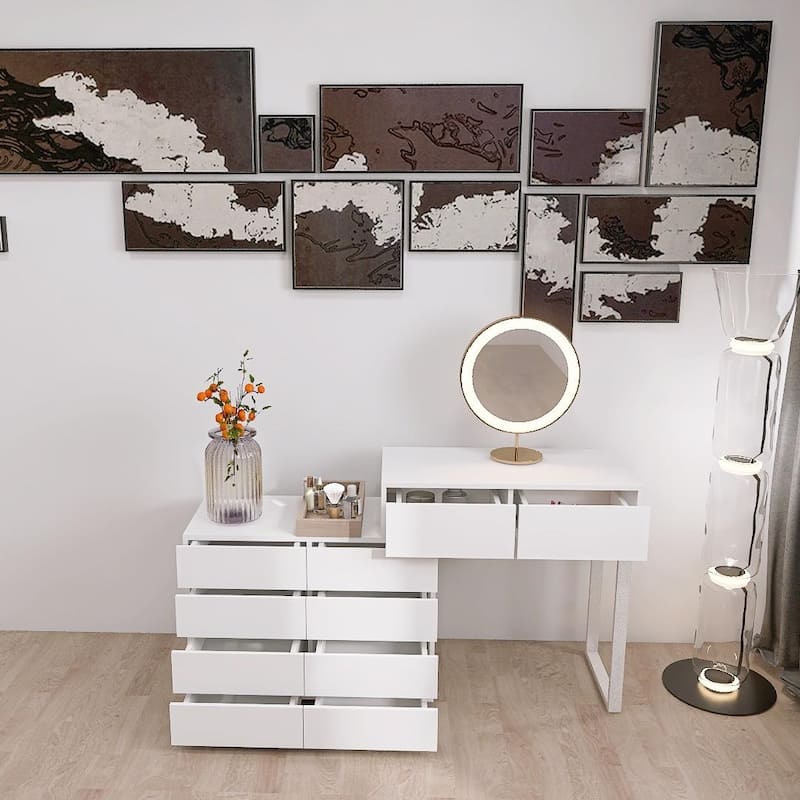 Modern Handleless Dressing Table with 10 Drawers and Extended Tabletop, for Bedrooms and Living Rooms