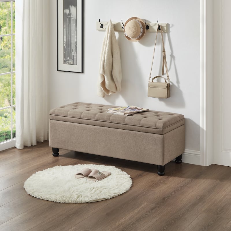 Upholstered Tufted Button Storage Bench with Spindle Wooden Legs