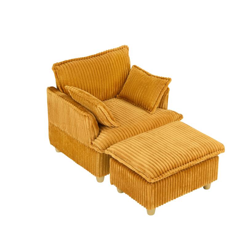 Single Sofa with Ottoman, Comfy Corduroy Upholstered Armchair, Lounge Chair with Throw Pillows for Living Room, Balcony