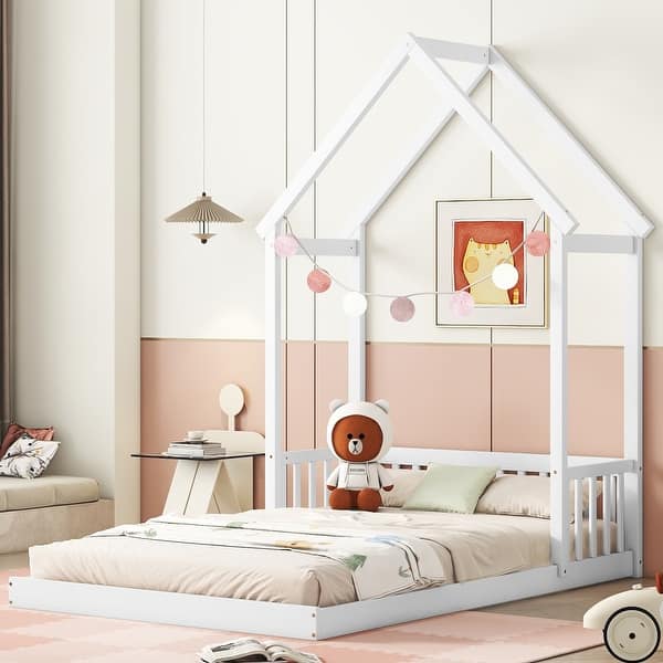 slide 2 of 9, Full Roof-Framed Headboard Floor Bed w/Headboard Guardrails, White White - Full