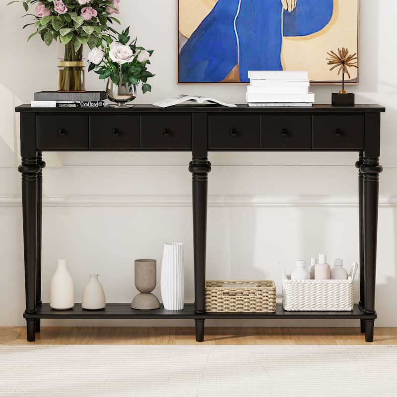 59" Retro Console Table with Open Shelf and 4 Drawers - Black