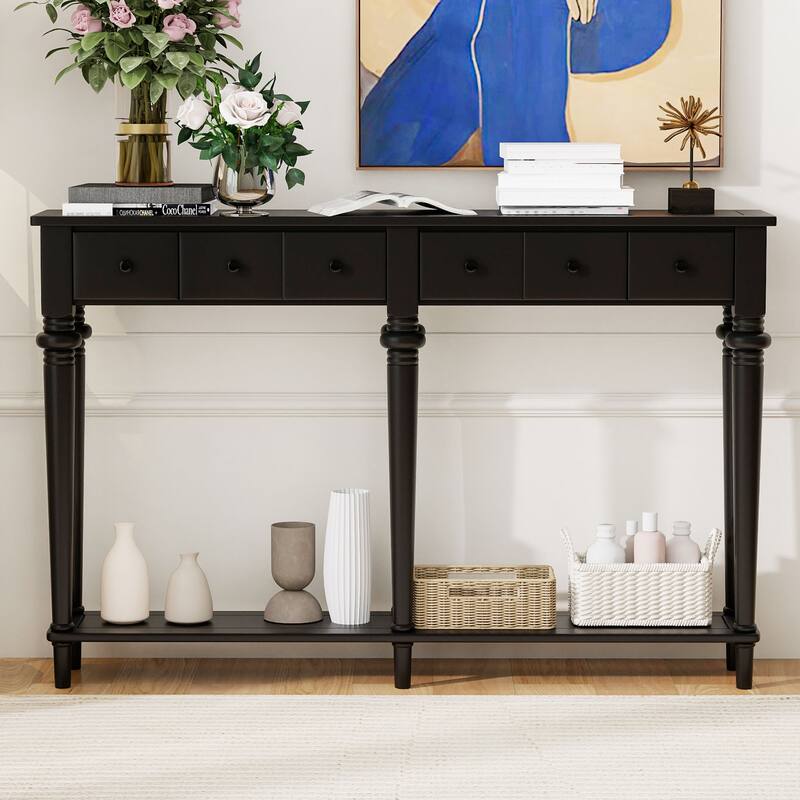 Versatile Hallway Table Side Table with 4 Storage Drawers, Accent Table Sofa Table with Bottom Open Shelf, Black