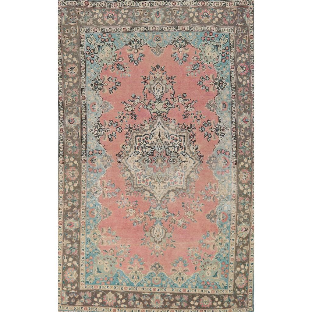 Pink Tabriz Persian Vintage Area Rug Hand-Knotted Wool Carpet - 6'6" x 10'4"