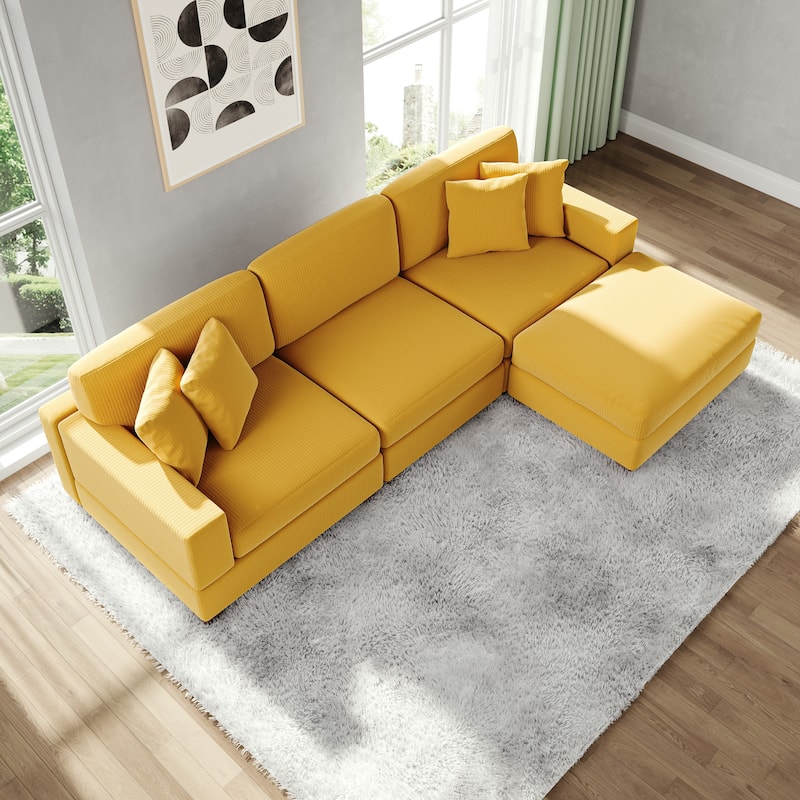 Modular Corduroy Sectional Sofa Set Chaise Couch with Ottoman