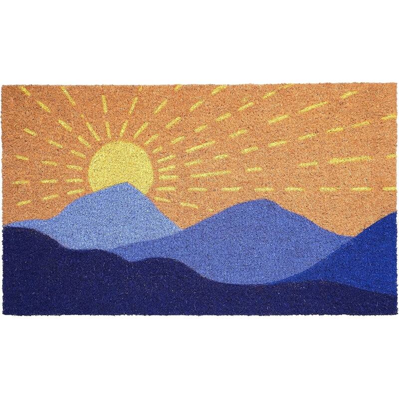 HomeRoots 17" X 29" Brown Blue And Yellow Mountain Sunrise Outdoor Coir Door Mat - 17.00' X '29.00