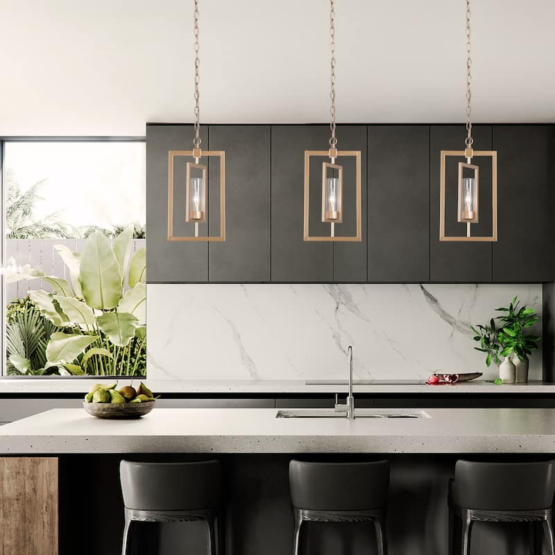Mid-century Modern Gold Lantern Pendant Farmhouse Dimmable LED Rotatable Kitchen Island Light with Cylinder Glass