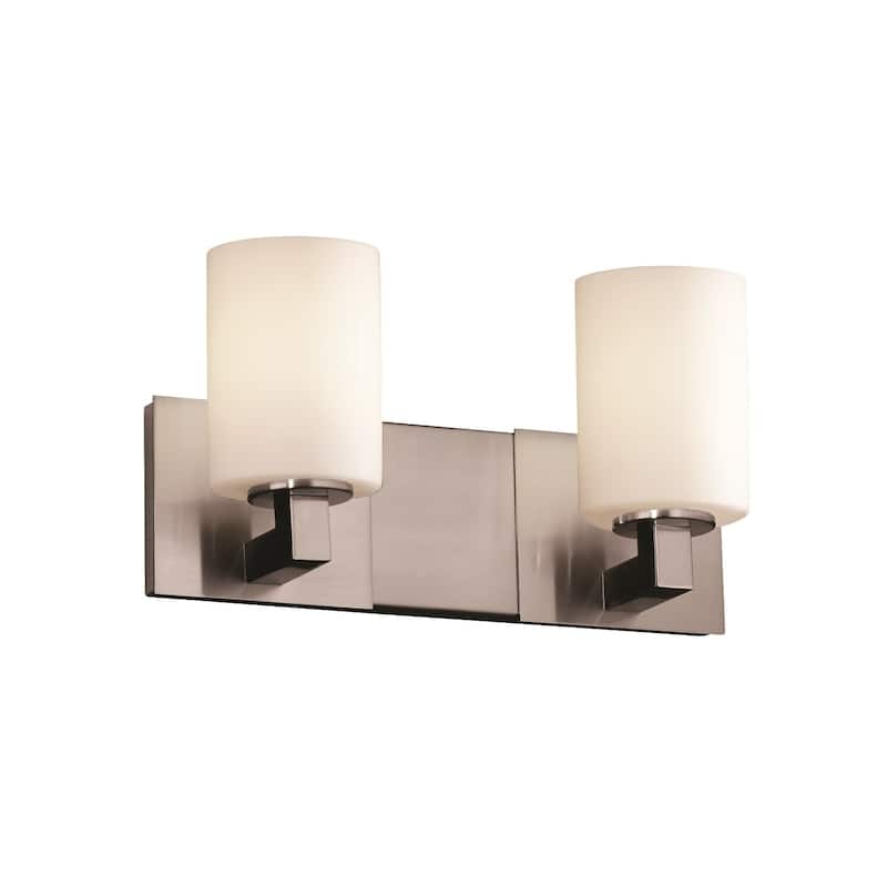 Justice Design Fusion Modular 2-light Brushed Nickel Bath Bar, Opal Cylinder - Flat Rim Shade - Brushed Nickel, Opal