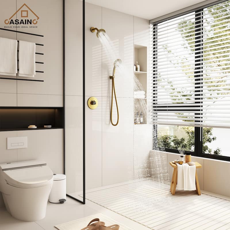 CASAINC 2-Spray 5 in. Shower Faucet Kit Wall Mounted Fixed and Handheld Dual Shower Heads 1.8 GPM - 5" x 5" - Brushed Gold