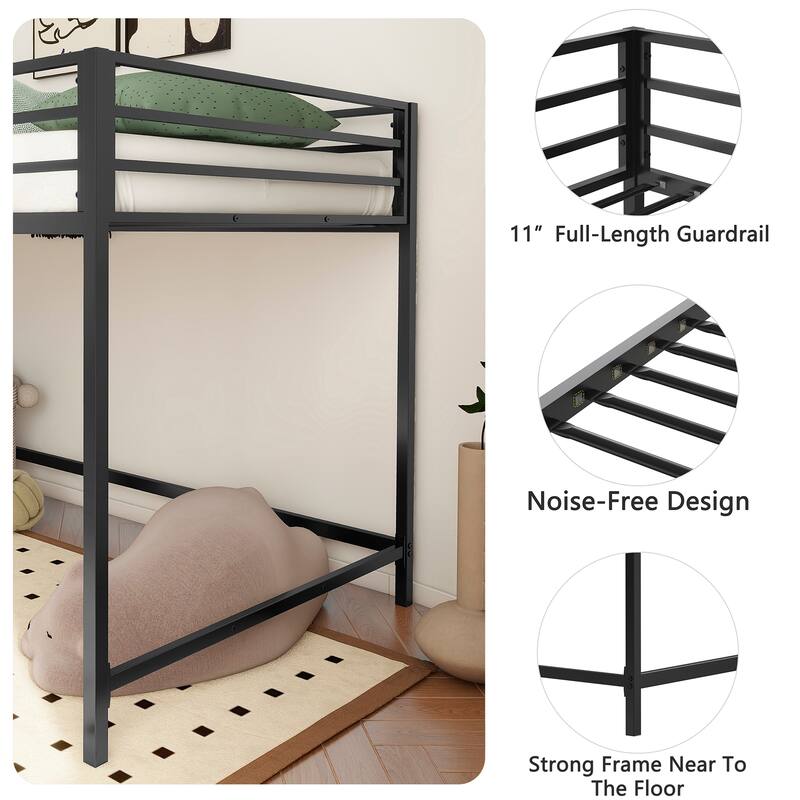 Space-Saving Junior Twin Loft Bed with Ladder & Guardrails for Kids - Black Metal Frame, No Box Spring Needed