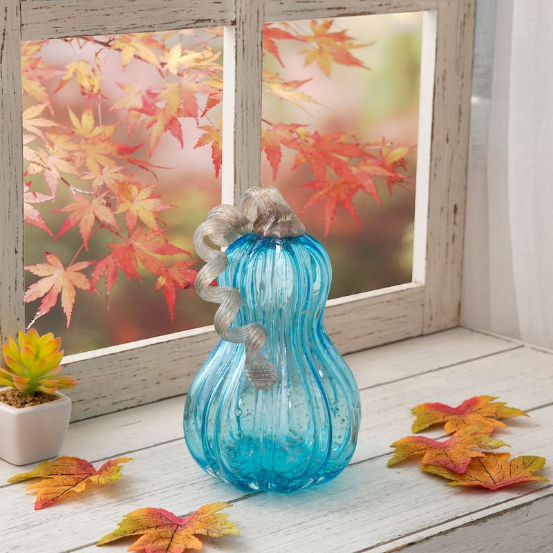 Glitzhome Fall Hand Blown Blue Glass Pumpkin Thanksgiving Table Decor - C