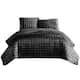 3 Piece King Size Coverlet Set with Stitched Square Pattern, Dark Gray