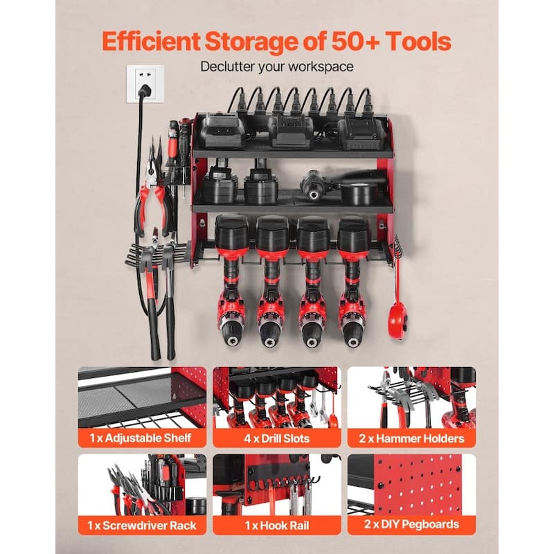 3-Tier Wall Hanging Tool Rack with Built-In 8-Outlet Power Strip and Adjustable Middle Shelf - 23.31 x 8.66 x 12.01 in