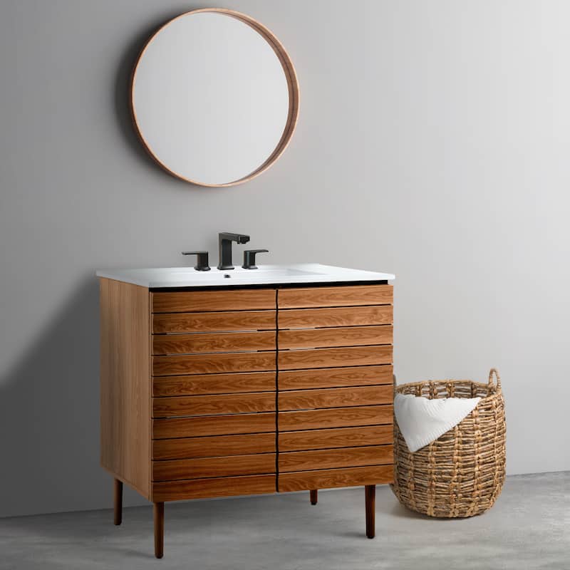 Calandre Thick Linear Slat Modern Farmhouse 2-Shelf Bath Vanity Cabinet Only (Sink Basin not Included), by JONATHAN Y