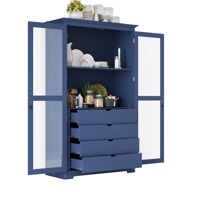 Roomfitters 75" Kitchen Pantry, Freestanding Storage Cabinet Display Cabinet with Glass Doors and 4 Drawers