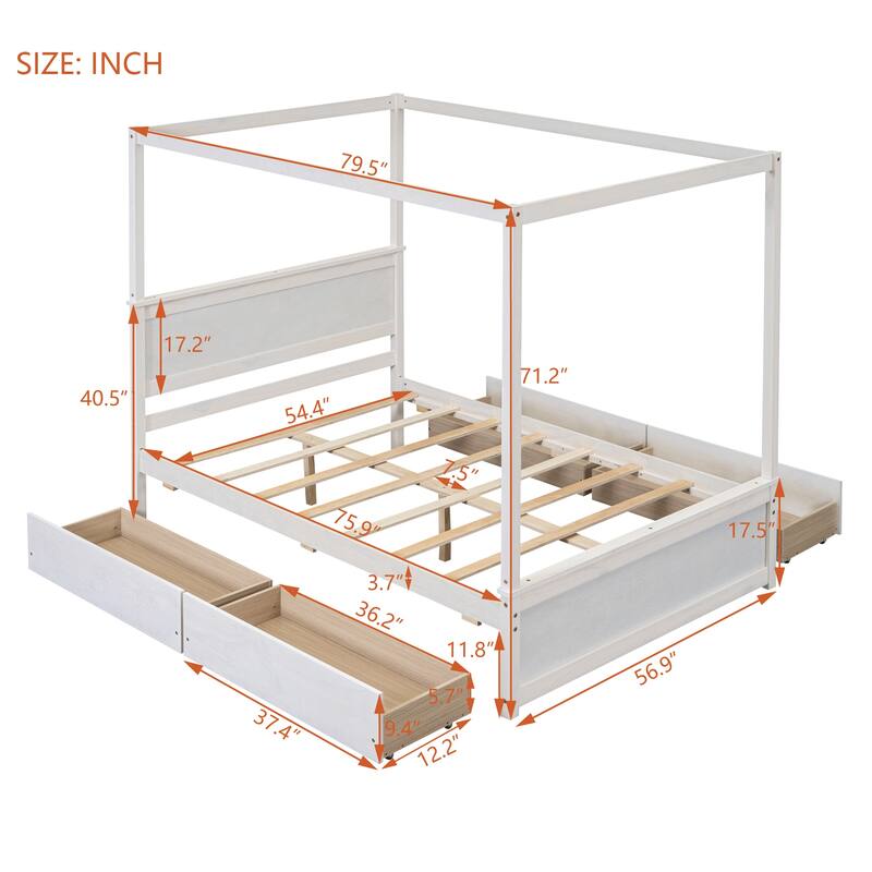 Full Size Wood Canopy Bed with 4 Drawers Platform Bed & Headboard Four Poster Bed No Box Spring Needed, Easy Assembly