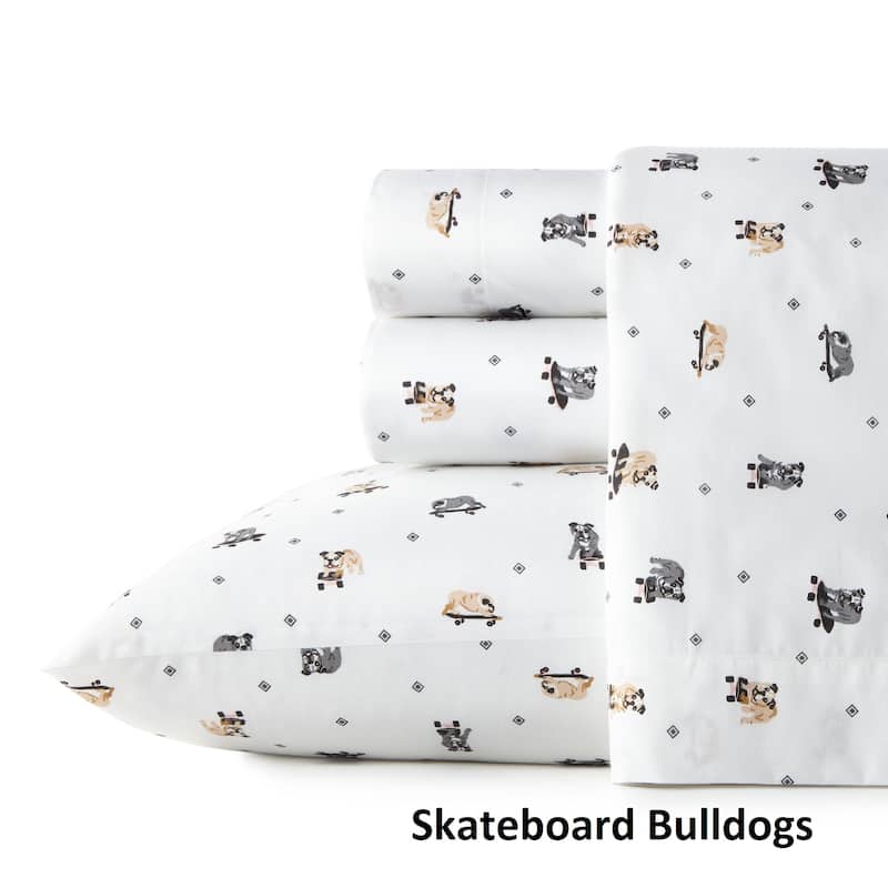 Poppy & Fritz Cotton Percale Printed Bed Sheet Sets - Full - Skateboarding Bulldogs