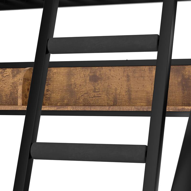 Woodgrain Accents Black Metal Bunk Bed Frame with Built-in Storage Shelves and LED Light Strip for Guest Rooms, Dorms