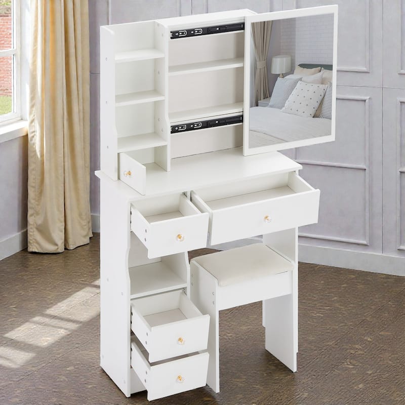 Small Space Vanity Table with Sliding Mirror and Stool, 29.2 Inch Makeup Dresser with Drawer Storage