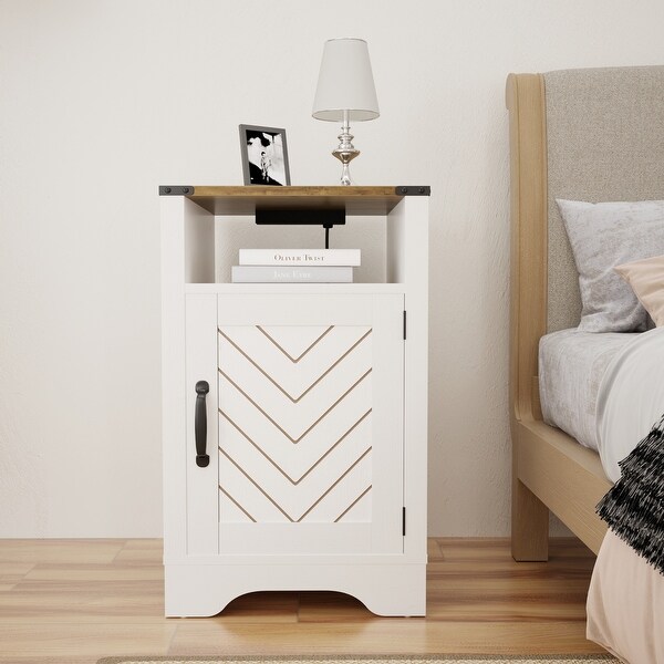 Farmhouse Nightstand Side Table Tall Bedside Table with Electrical Outlets Charging Station White
