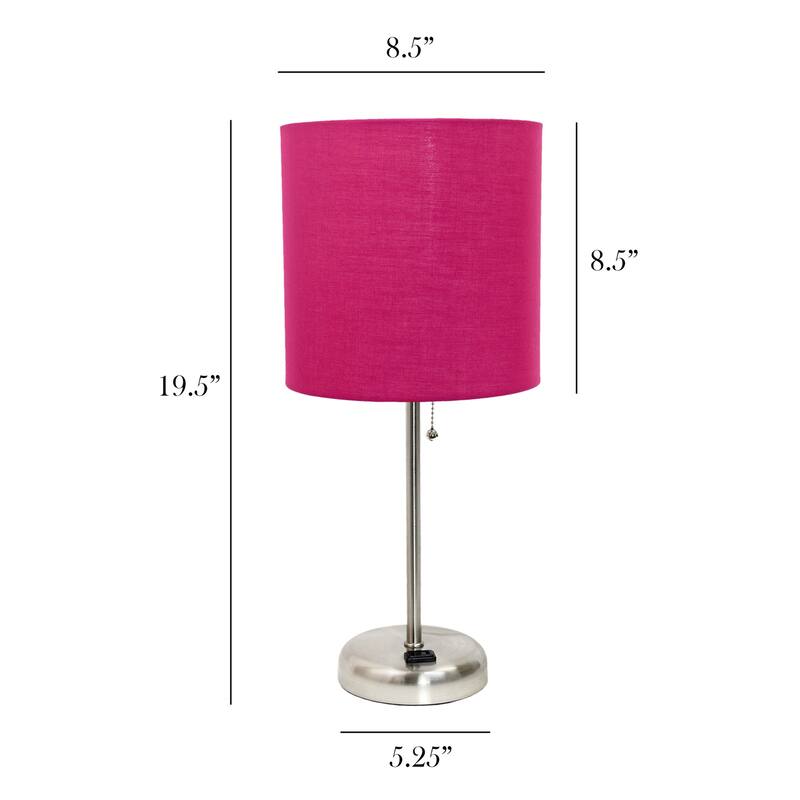 19.5 in. Brushed Steel Finish Table Lamp with Pink Shade, Sturdy Table Lamp for Living Rooms and Bedrooms