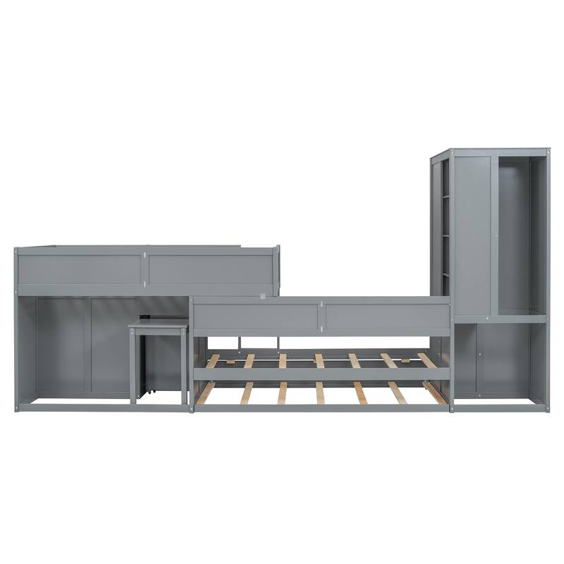 Twin Wooden Bunk Bed with Trundle, and Wardrobe, Desk & 5 Drawers - Gray Plywood, 400lb Capacity